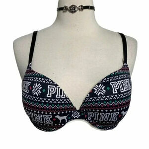 Pink Victoria Secrets 36C Christmas print padded push up bra Retro